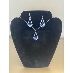 Silver Blue Sapphire Rhinestone Gemstone Cubic Zirconia Necklace Earrings Set